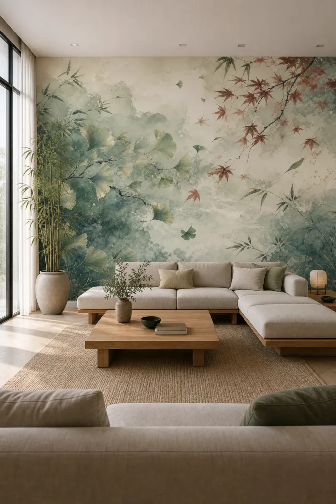 A modern Japandi living room featuring a misty ginkgo maple leaves wall mural on a large accent wall behind a low-profile sofa.