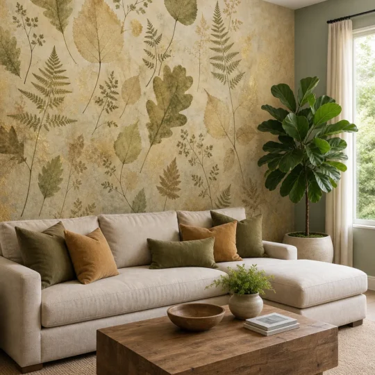 A modern organic living room featuring a vintage pressed botanical leaves wall mural on a large plaster wall behind a low-profile sofa.