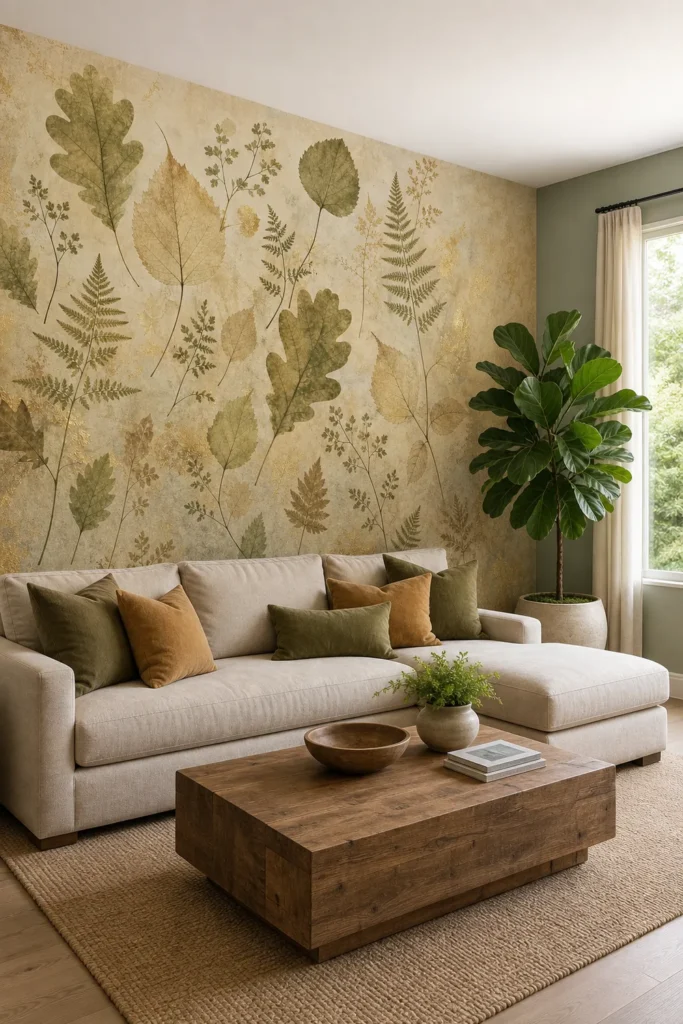 A modern organic living room featuring a vintage pressed botanical leaves wall mural on a large plaster wall behind a low-profile sofa.