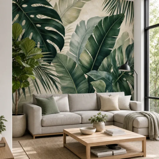 A modern Scandinavian living room featuring a tropical monstera leaves wall mural on a plaster accent wall.