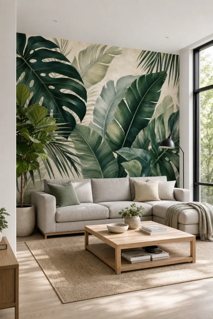 A modern Scandinavian living room featuring a tropical monstera leaves wall mural on a plaster accent wall.