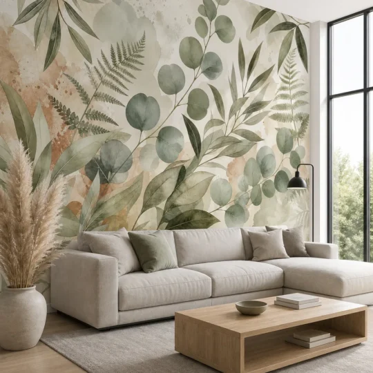 A modern Scandinavian living room featuring a watercolor eucalyptus leaves wall mural on a large feature wall behind a low-profile sofa.