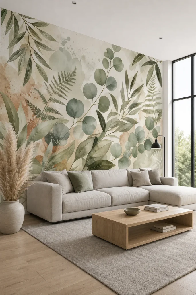 A modern Scandinavian living room featuring a watercolor eucalyptus leaves wall mural on a large feature wall behind a low-profile sofa.