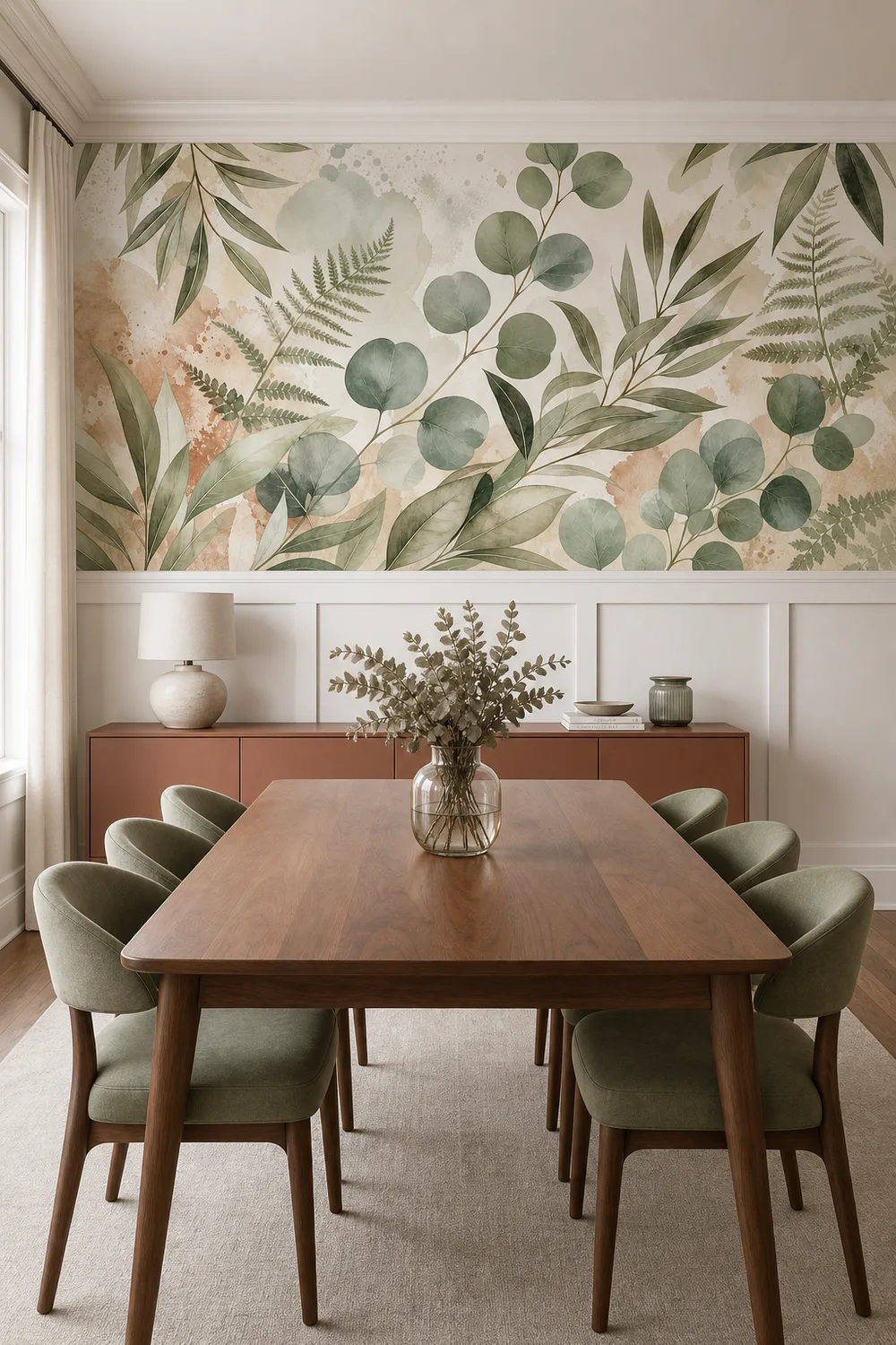 A sophisticated transitional dining room featuring a watercolor eucalyptus leaves wall mural installed above white wainscoting.