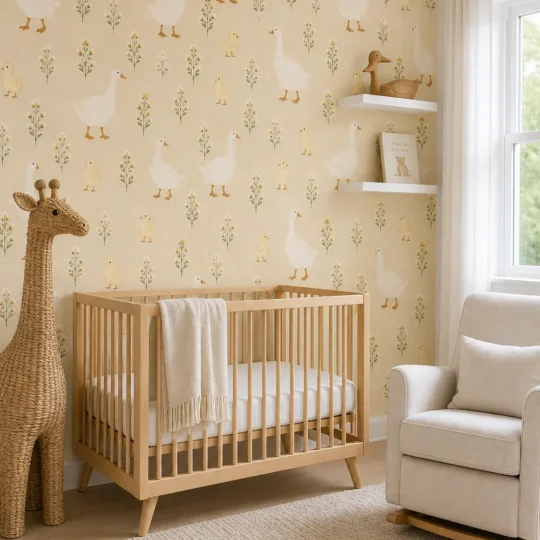 A modern Scandinavian nursery featuring Duck Duck Goose Wallpaper on a main feature wall behind a light oak crib.
