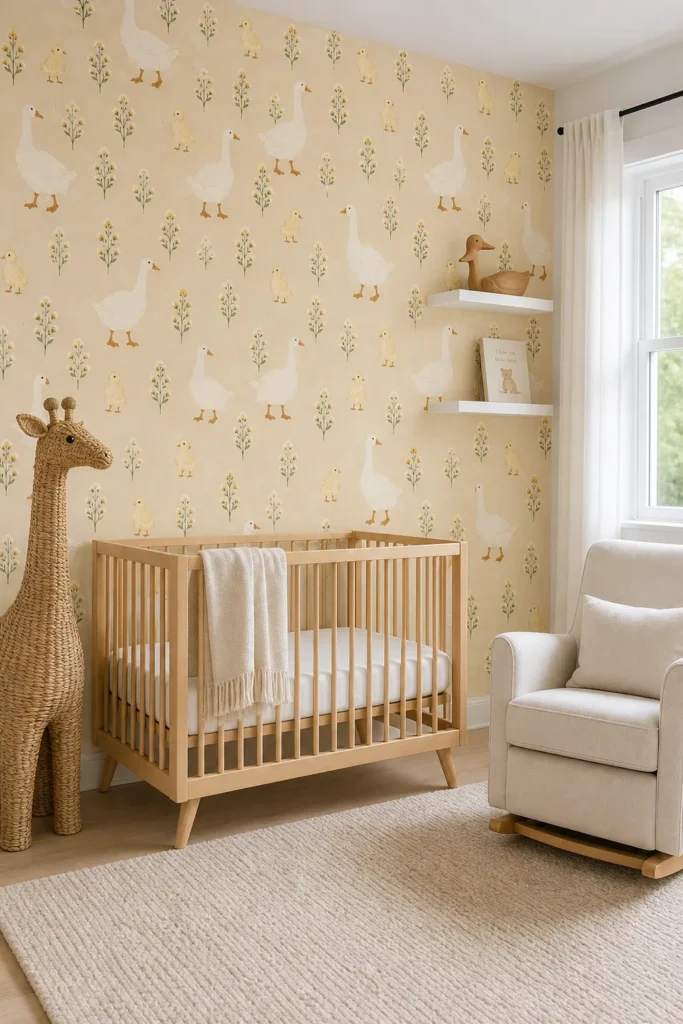 A modern Scandinavian nursery featuring Duck Duck Goose Wallpaper on a main feature wall behind a light oak crib.