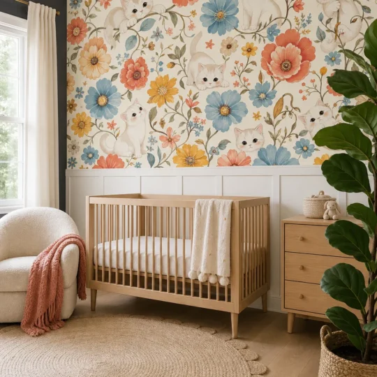A whimsical Scandi-style nursery featuring a kitty floral garden wallpaper mural as a backdrop to a minimalist crib.