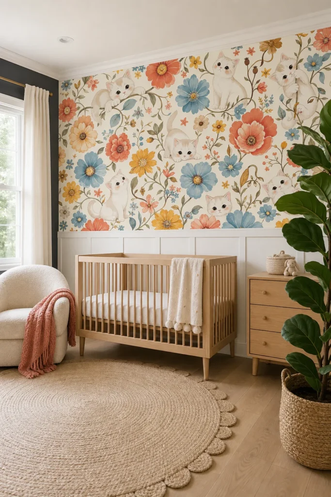 A whimsical Scandi-style nursery featuring a kitty floral garden wallpaper mural as a backdrop to a minimalist crib.