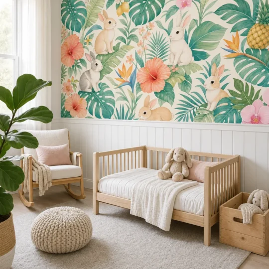 A modern Scandinavian nursery featuring a tropical rabbit garden wallpaper mural on the upper half of the primary accent wall.