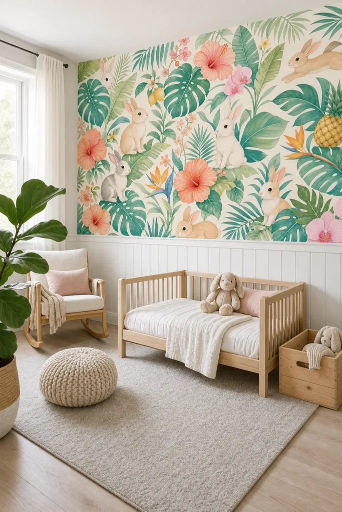 A modern Scandinavian nursery featuring a tropical rabbit garden wallpaper mural on the upper half of the primary accent wall.