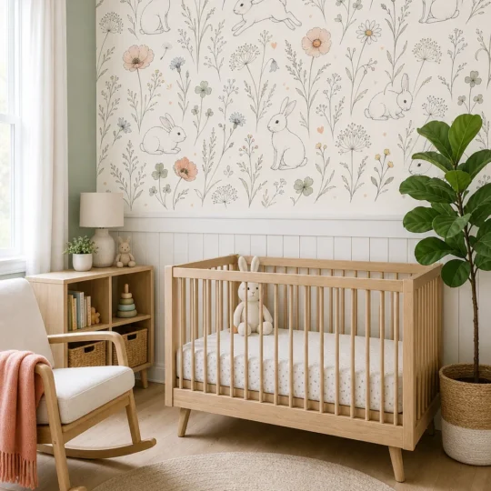 A modern Scandinavian nursery featuring a minimal line art rabbit wildflower wallpaper mural above white wainscoting with a wooden crib and rocking chair.