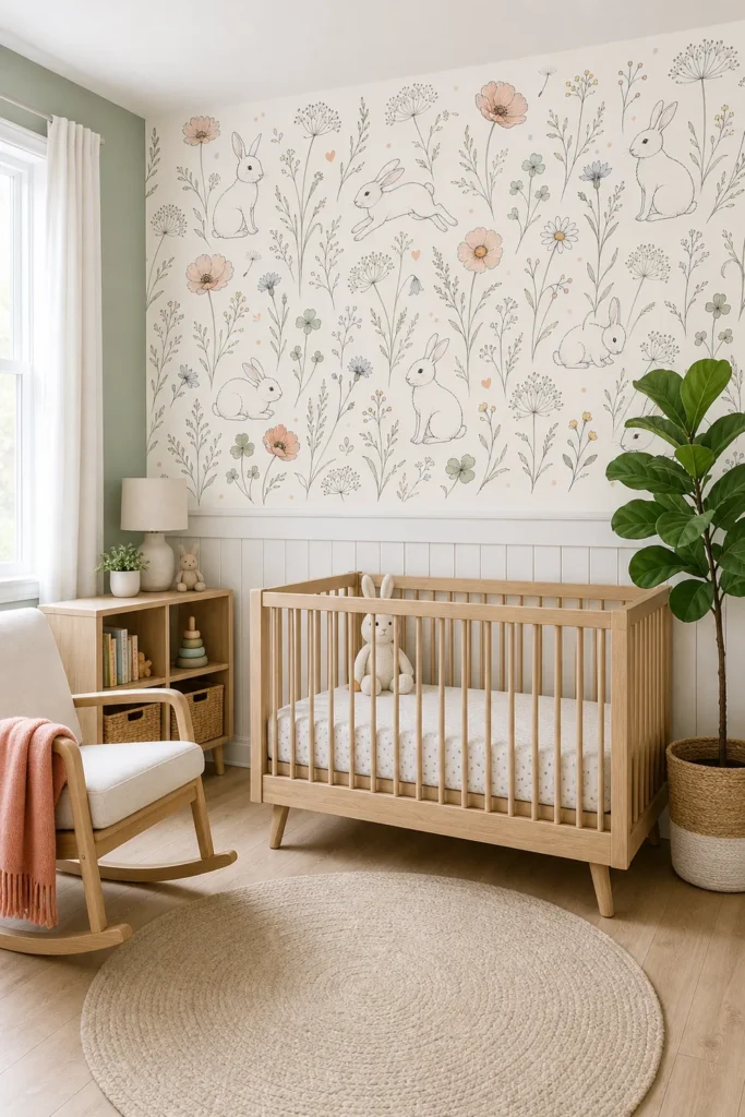 A modern Scandinavian nursery featuring a minimal line art rabbit wildflower wallpaper mural above white wainscoting with a wooden crib and rocking chair.