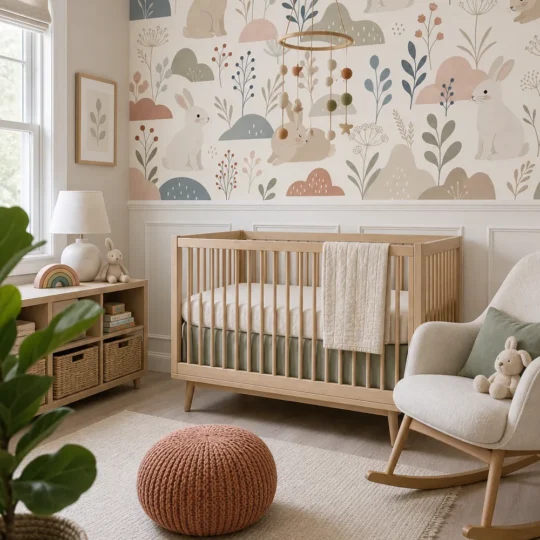 A modern Scandinavian nursery featuring a scandinavian rabbit botanical wallpaper mural on the upper half of a feature wall above white wainscoting.