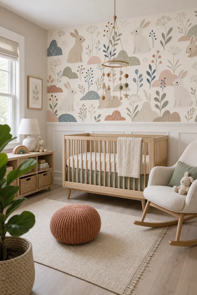 A modern Scandinavian nursery featuring a scandinavian rabbit botanical wallpaper mural on the upper half of a feature wall above white wainscoting.