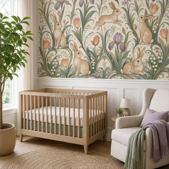 A modern neoclassical nursery featuring an art nouveau rabbit floral wallpaper mural above white shaker wainscoting.