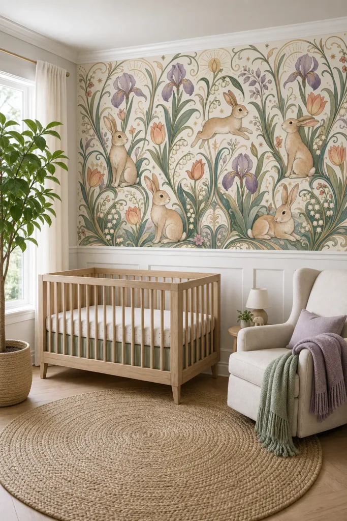 A modern neoclassical nursery featuring an art nouveau rabbit floral wallpaper mural above white shaker wainscoting.