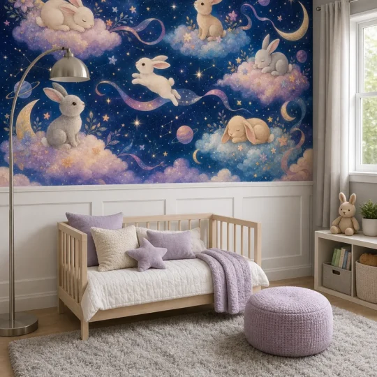 A Contemporary Scandi-Nursery featuring a celestial moon rabbit wallpaper mural above white wainscoting.