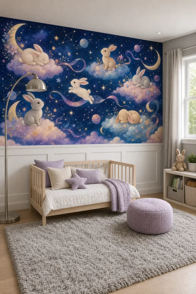 A Contemporary Scandi-Nursery featuring a celestial moon rabbit wallpaper mural above white wainscoting.