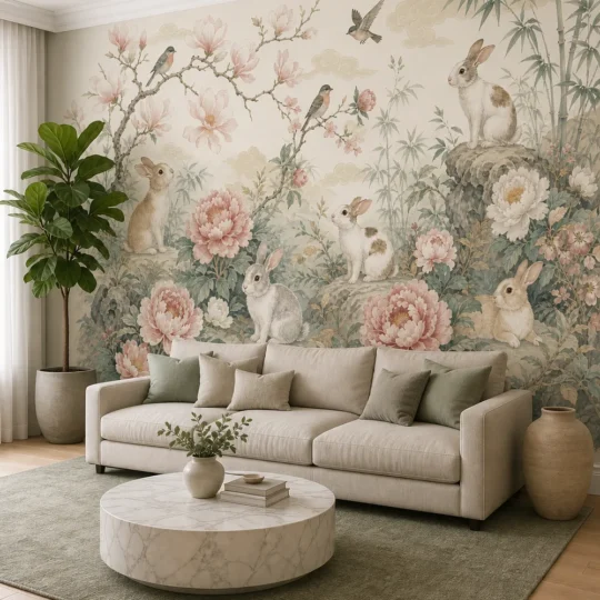 A modern transitional sitting room featuring a chinoiserie rabbit peony wallpaper mural on a large feature wall behind a linen sofa.