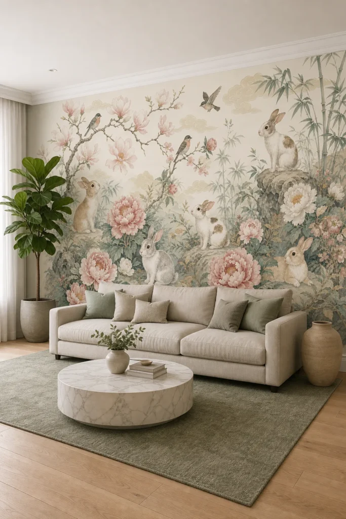 A modern transitional sitting room featuring a chinoiserie rabbit peony wallpaper mural on a large feature wall behind a linen sofa.