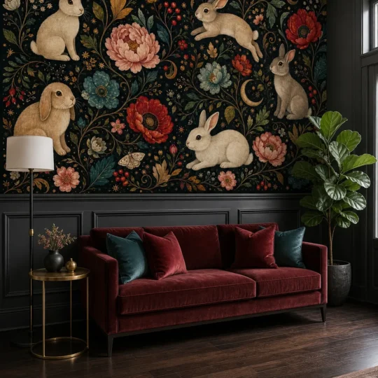 A modern Neo-Gothic parlor featuring a dark botanical rabbit wallpaper mural above charcoal wainscoting.