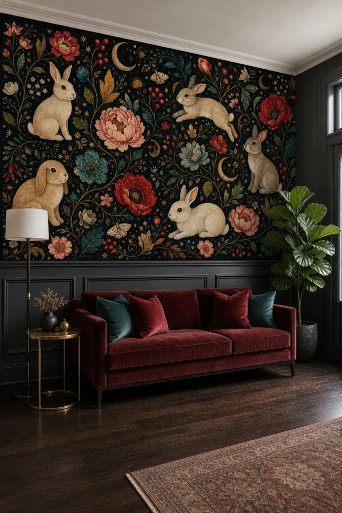A modern Neo-Gothic parlor featuring a dark botanical rabbit wallpaper mural above charcoal wainscoting.