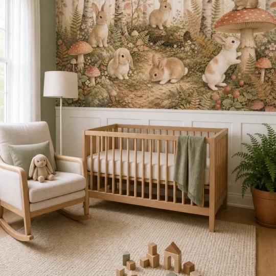 A modern Scandinavian nursery featuring a woodland rabbit mushroom wallpaper mural on the feature wall above white wainscoting.