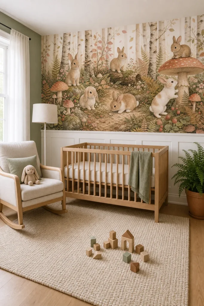 A modern Scandinavian nursery featuring a woodland rabbit mushroom wallpaper mural on the feature wall above white wainscoting.
