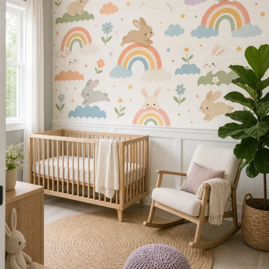 A Scandinavian nursery featuring a simple rainbow rabbit wallpaper mural installed above white wainscoting behind a natural wood crib.