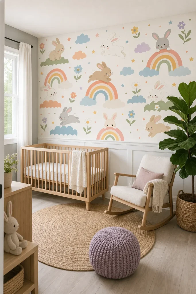 A Scandinavian nursery featuring a simple rainbow rabbit wallpaper mural installed above white wainscoting behind a natural wood crib.