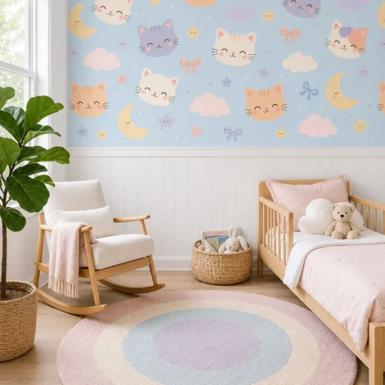 A modern Scandinavian nursery featuring a simple kitty moon clouds wallpaper mural installed above white wood wainscoting.