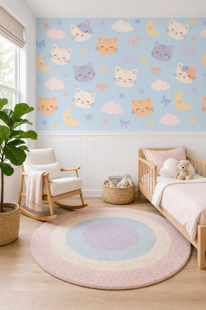 A modern Scandinavian nursery featuring a simple kitty moon clouds wallpaper mural installed above white wood wainscoting.