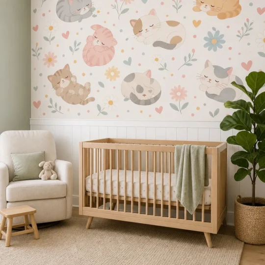 A Scandi-style nursery featuring a simple sleepy kittens floral wallpaper mural installed above white shiplap wainscoting behind a light oak crib.