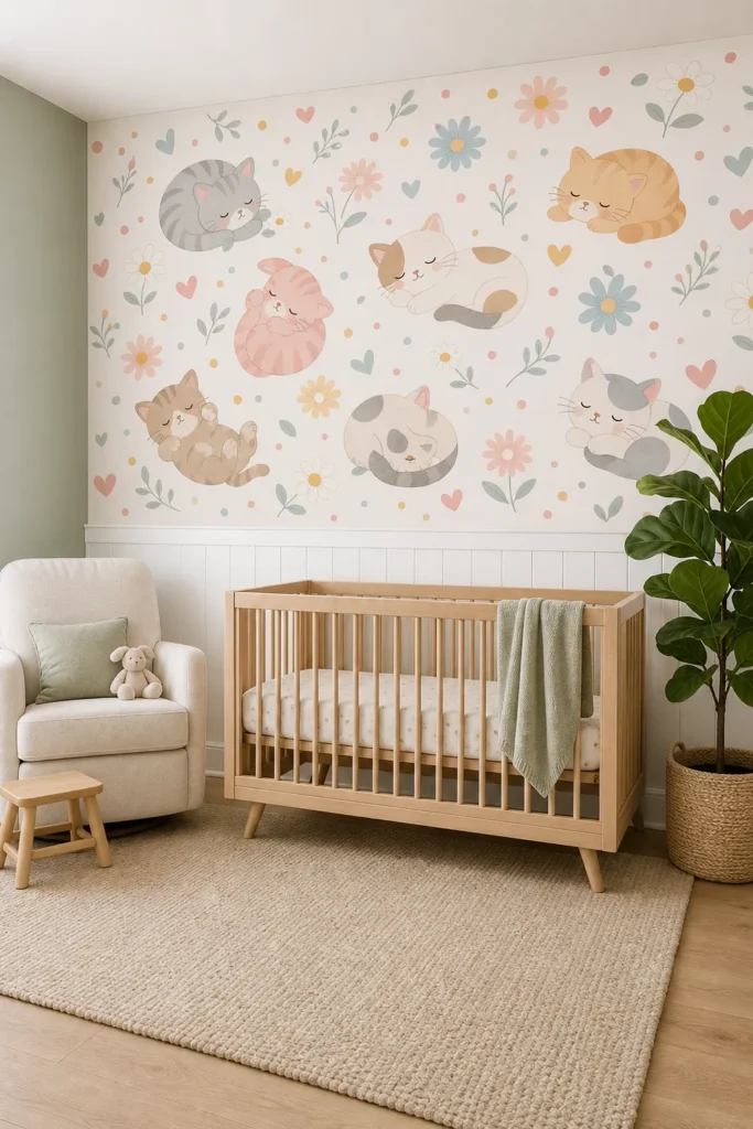 A Scandi-style nursery featuring a simple sleepy kittens floral wallpaper mural installed above white shiplap wainscoting behind a light oak crib.