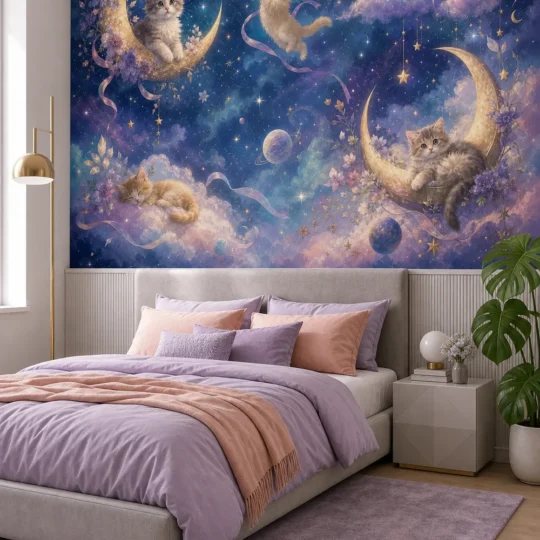 A modern bedroom featuring a celestial moon cats wallpaper mural on the main feature wall above a platform bed.