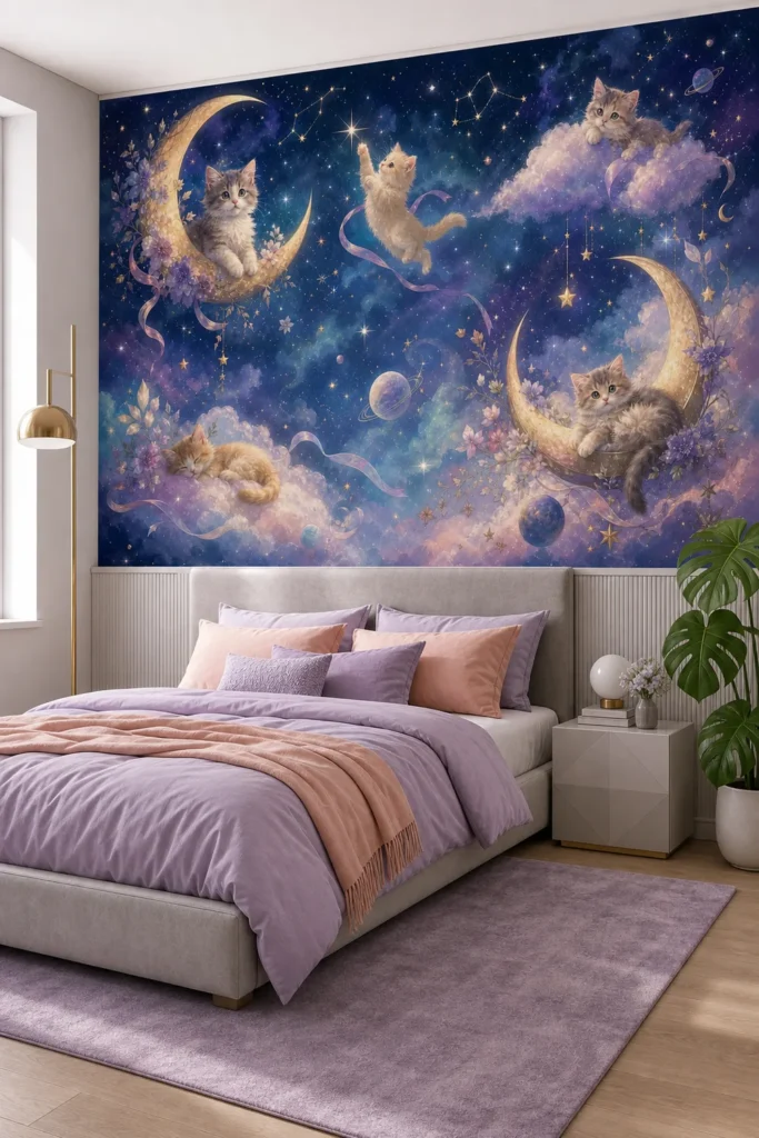 A modern bedroom featuring a celestial moon cats wallpaper mural on the main feature wall above a platform bed.