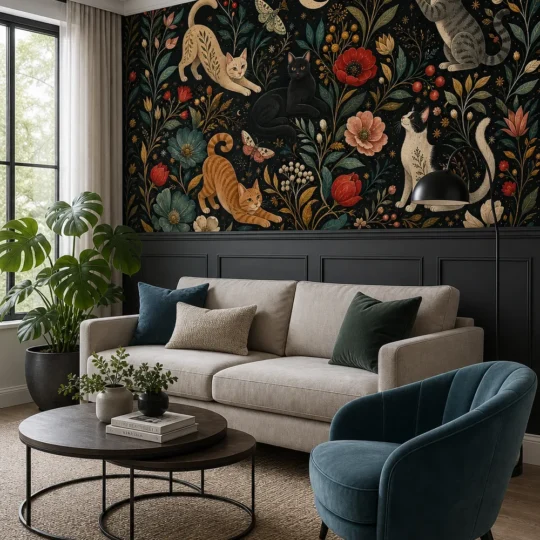 A modern transitional lounge featuring a dark botanical cat wallpaper mural on a feature wall above charcoal wainscoting.