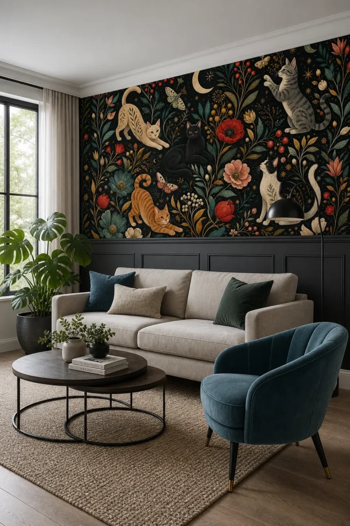 A modern transitional lounge featuring a dark botanical cat wallpaper mural on a feature wall above charcoal wainscoting.