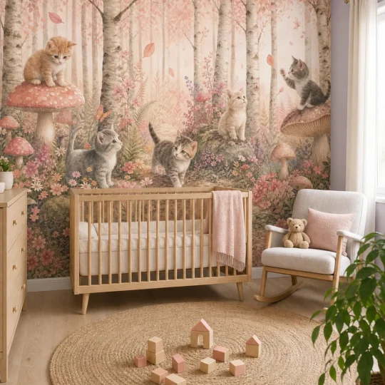 A Contemporary Scandinavian nursery featuring a pink woodland kitten wallpaper mural on a large feature wall behind a modern wood crib.