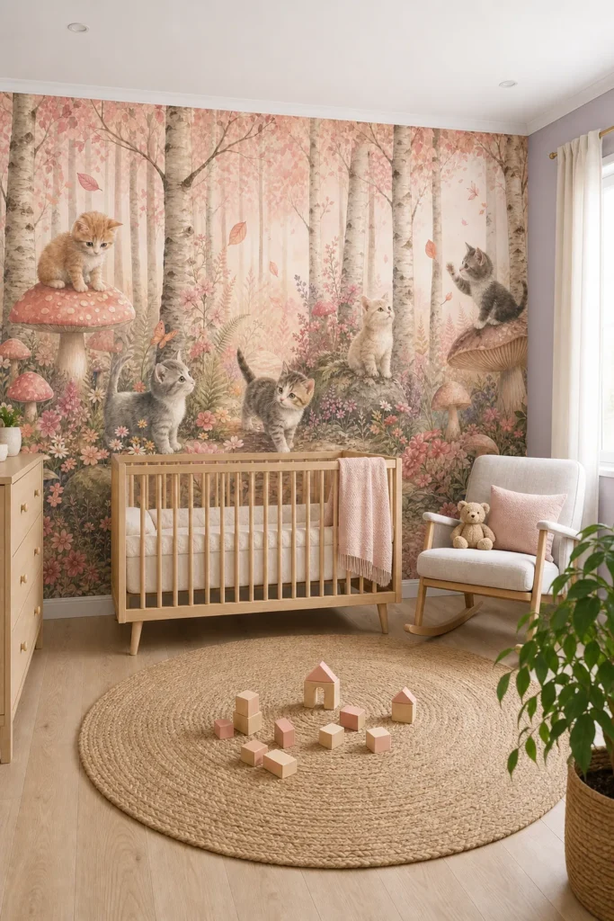 A Contemporary Scandinavian nursery featuring a pink woodland kitten wallpaper mural on a large feature wall behind a modern wood crib.