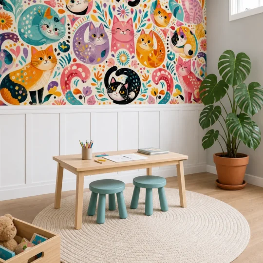A modern Scandinavian playroom featuring a colorful kitty kaleidoscope wallpaper mural installed above white wainscoting.