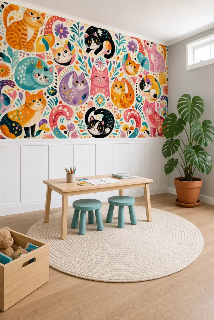 A modern Scandinavian playroom featuring a colorful kitty kaleidoscope wallpaper mural installed above white wainscoting.