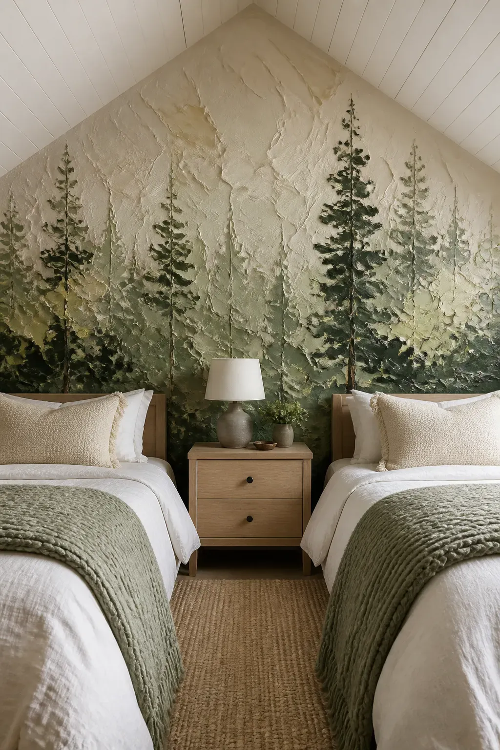 Abstract forest mural with geometric tree shapes in a shared bedroom with two twin beds.