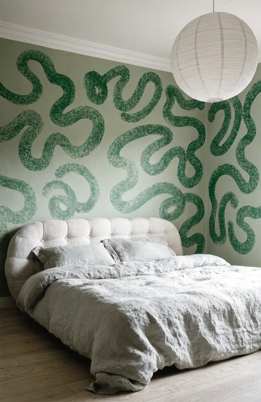 Living room with modern sage green abstract shapes on a neutral wall background.