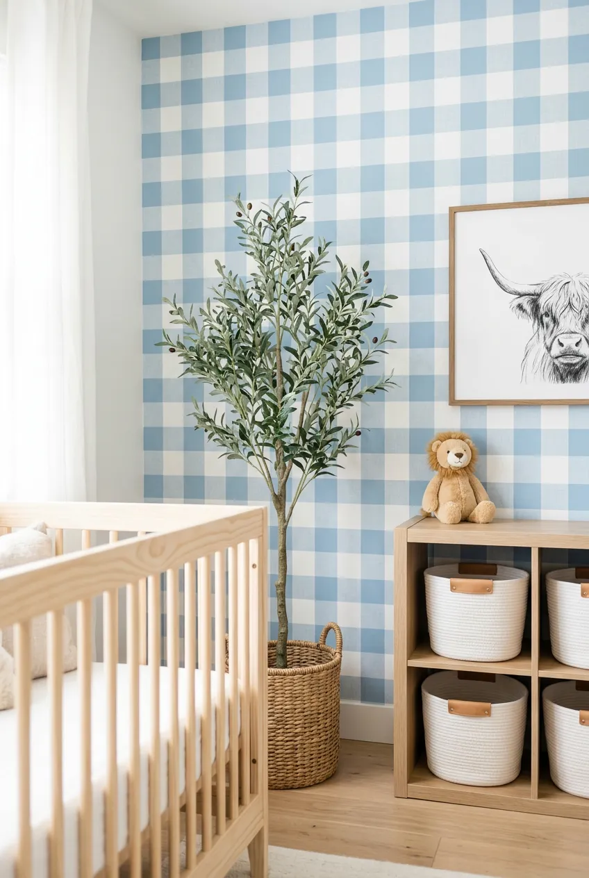 Light blue and white gingham wallpaper creating a structured yet soft backdrop for nursery furniture.