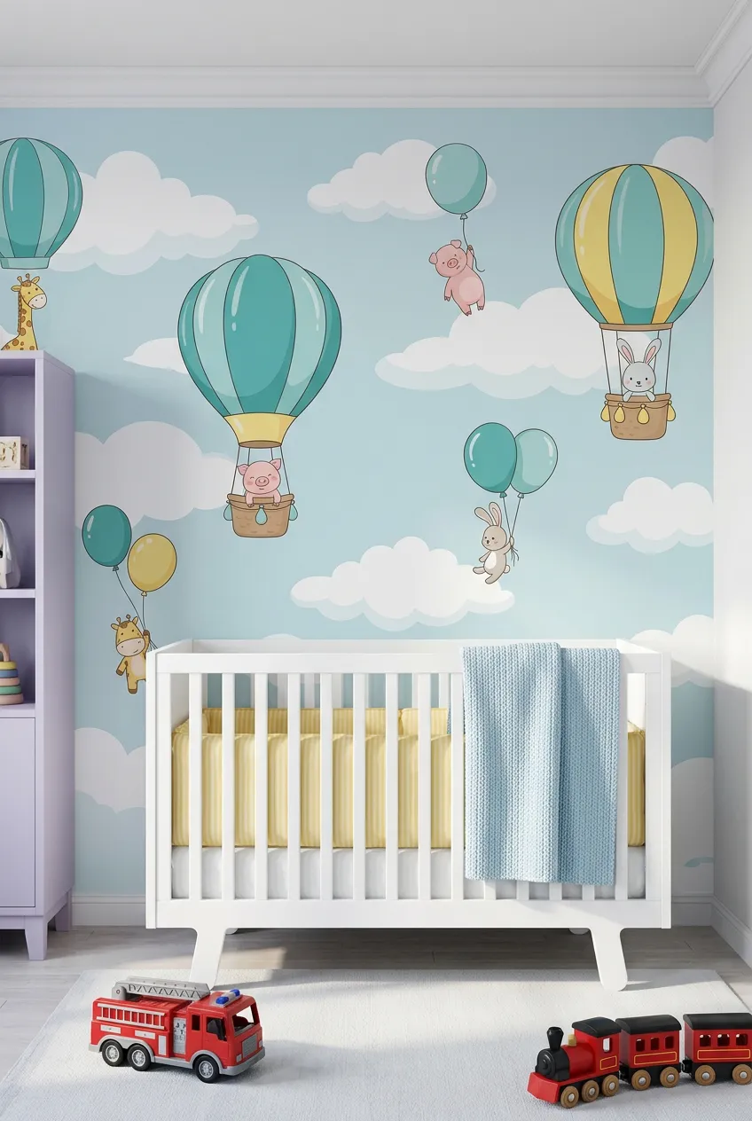 Multiple animals including bears and foxes riding in stylized hot air balloons across a pale blue wall.