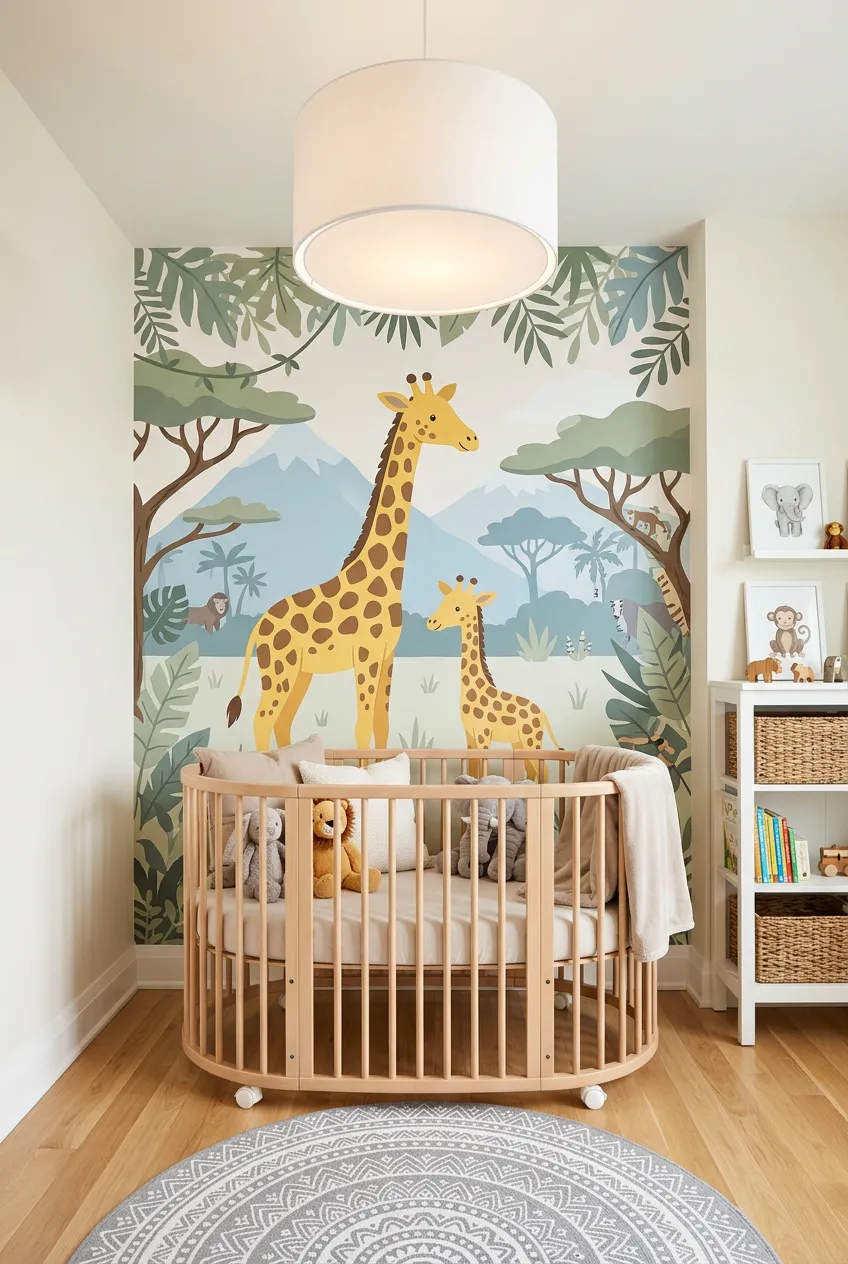 Large scale watercolor mural of a friendly giraffe surrounded by soft green jungle leaves on a neutral background.