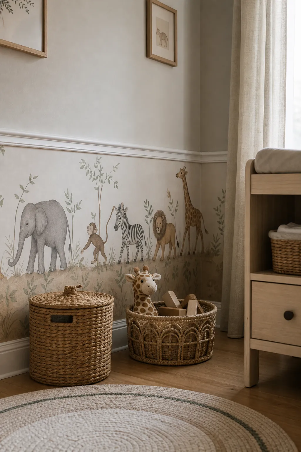 Animal parade baby nursery wallpaper along the lower wall near toy baskets