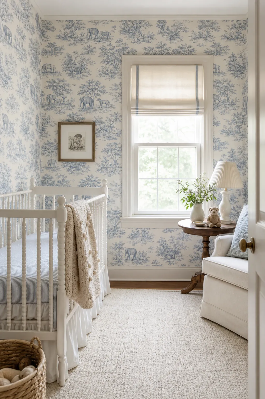 Animal toile nursery wallpaper in a classic baby room with soft blue accents