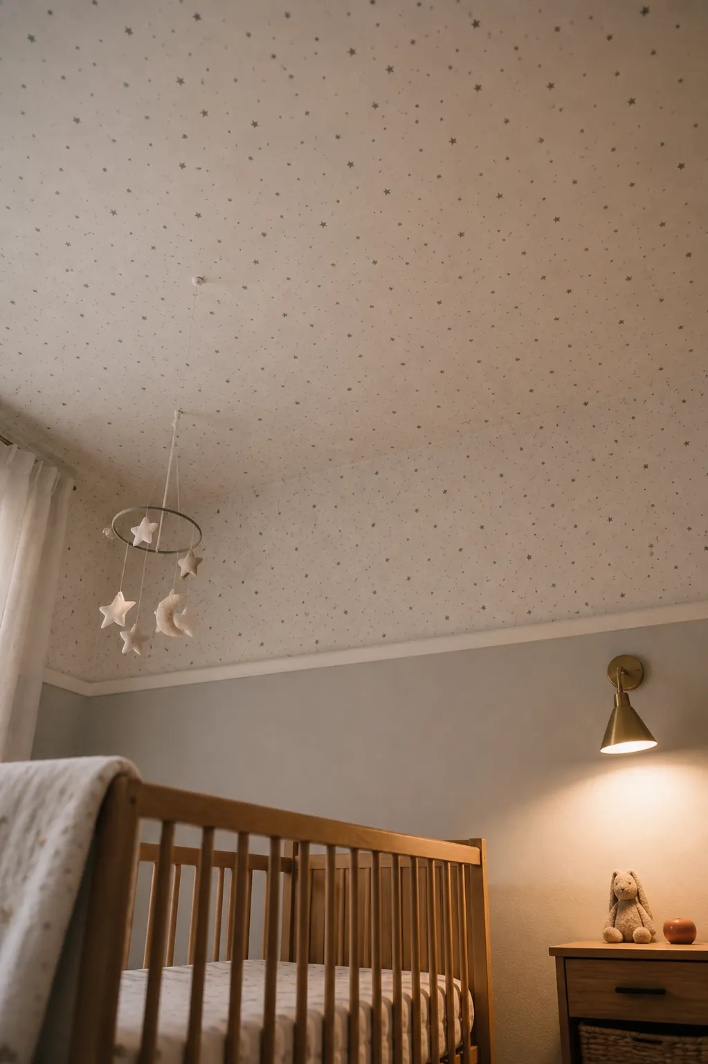 Baby nursery wallpaper on the ceiling with tiny stars above a calm crib wall